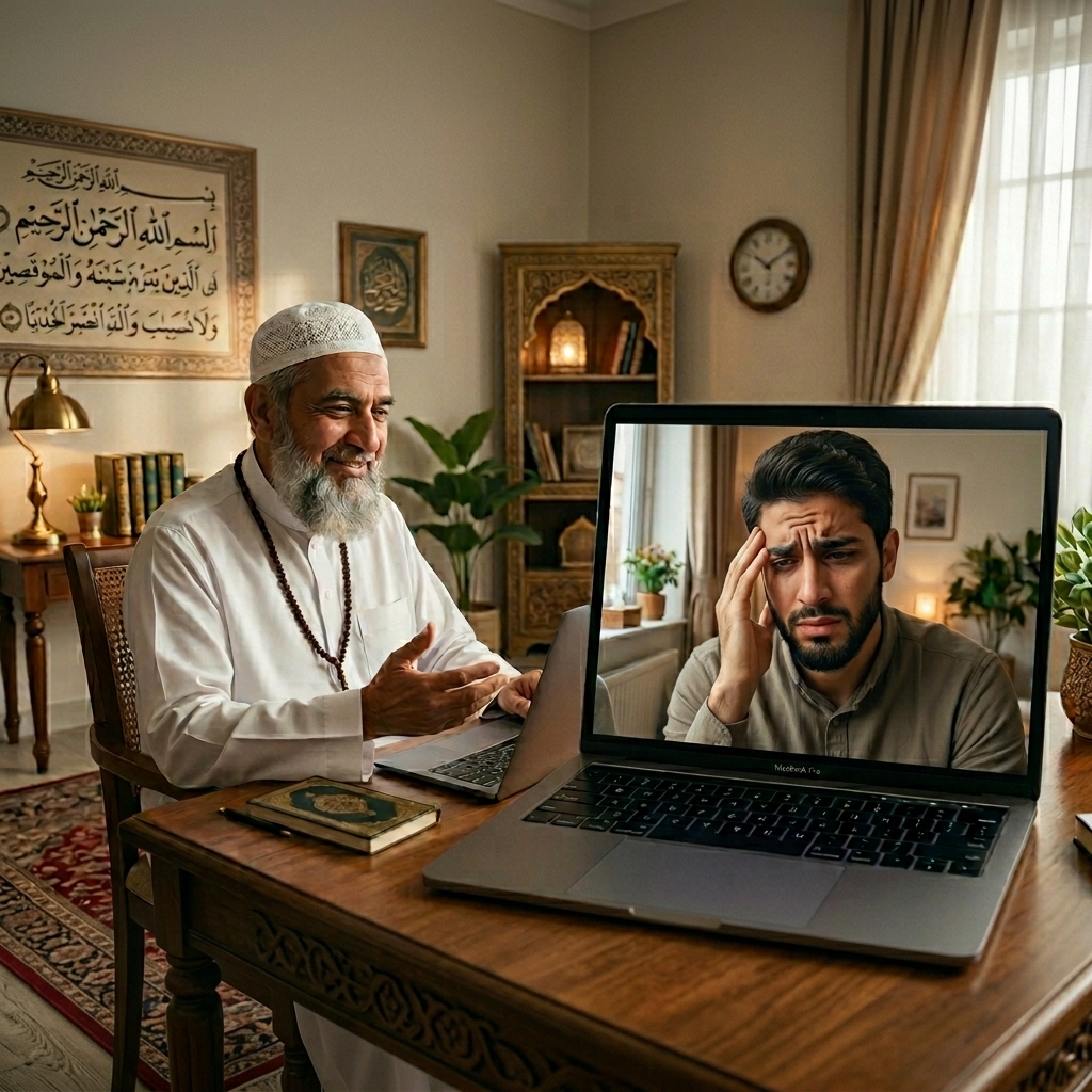 A compassionate Muslim astrologer providing a relationship problem solution to a couple through a private online consultation.